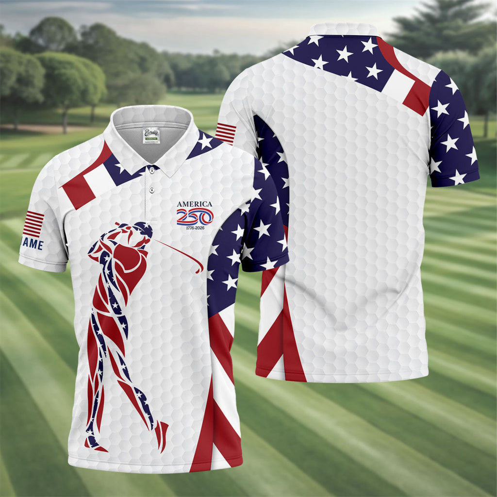 America 250 Golfer Pose Golf Ball Pattern 4th Of July Golf Shirt, Patriotic Golf Shirt, Golf Shirts For Men