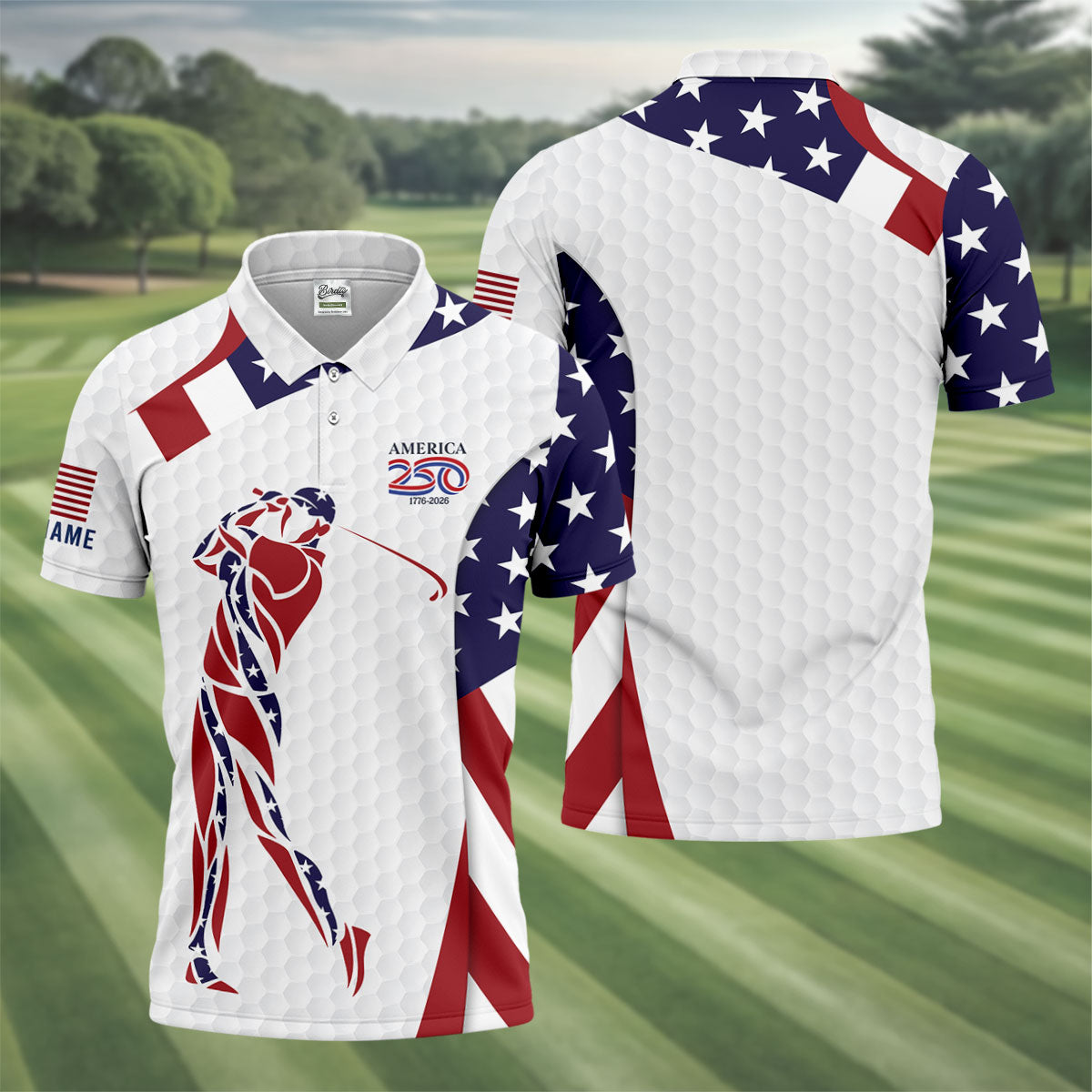 America 250 Golfer Pose Golf Ball Pattern 4th Of July Golf Shirt, Patriotic Golf Shirt, Golf Shirts For Men
