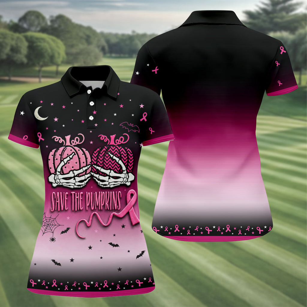 Save The Pumpkins Halloween Breast Cancer Golf Polo Shirt, Ladies Golf Shirts