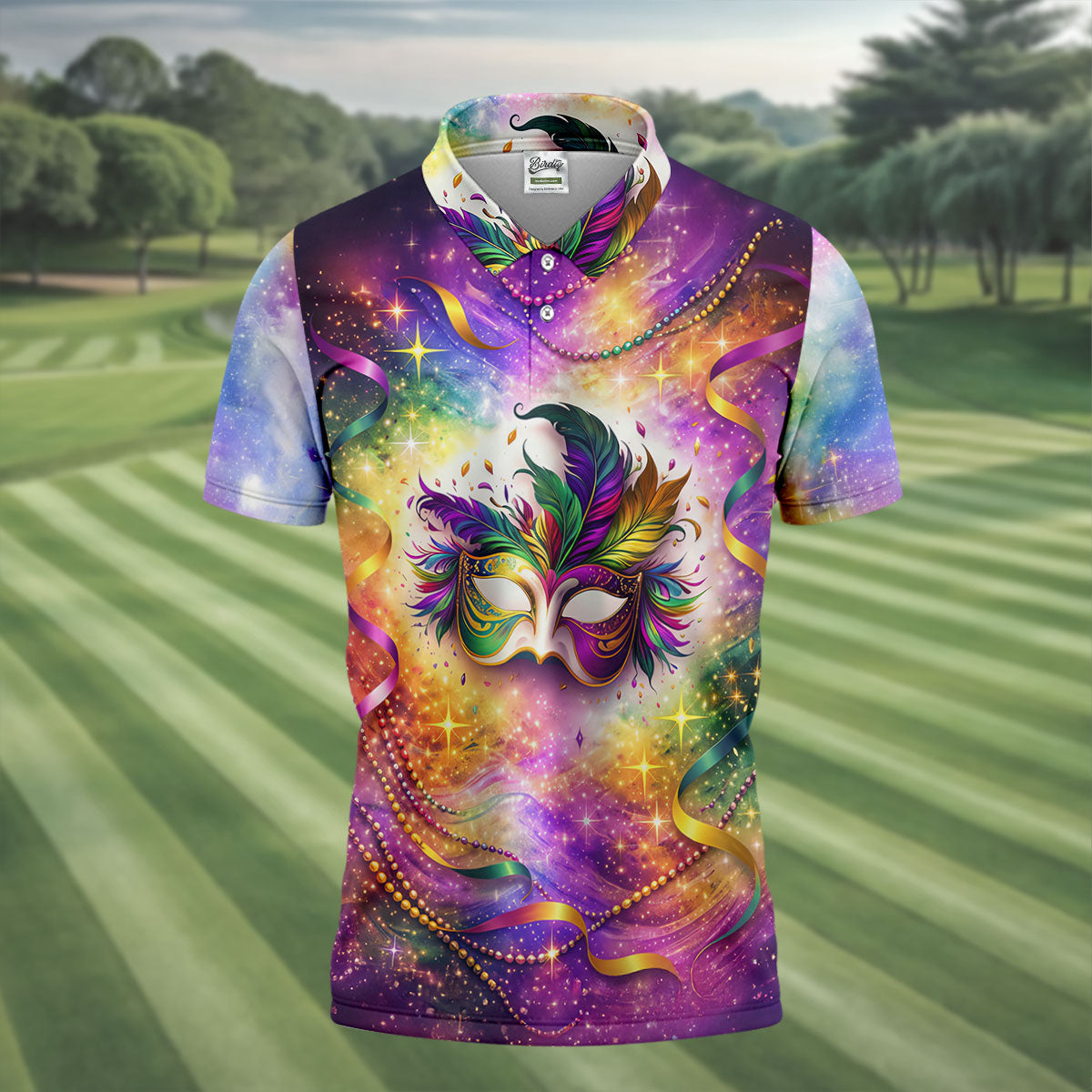 Carnival Mask Feather Print Purple Green Gold Dazzling Effect Mardi Gras Polo Shirts For Men, Golf Shirts For Men