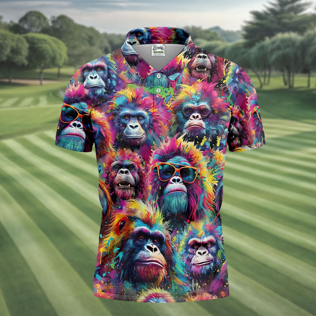 Street Art Style Cool Gorilla Hawaiian Golf Shirt, Tropical Theme Golf Shirts For Men