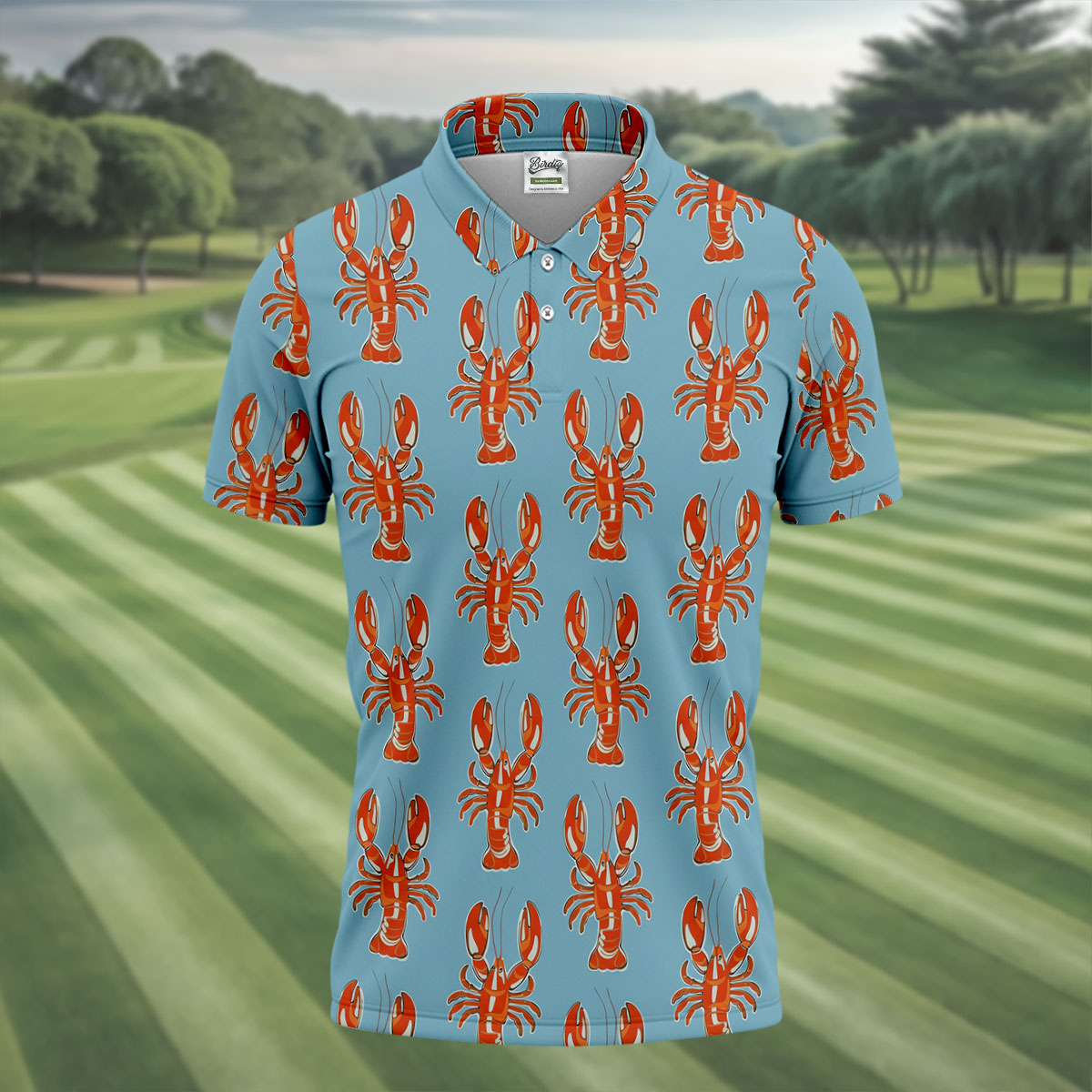 Orange Lobsters Light Blue Mardi Gras Golf Shirt, Golf Tops For Men, Polo Shirts For Men, Golf Shirts For Men
