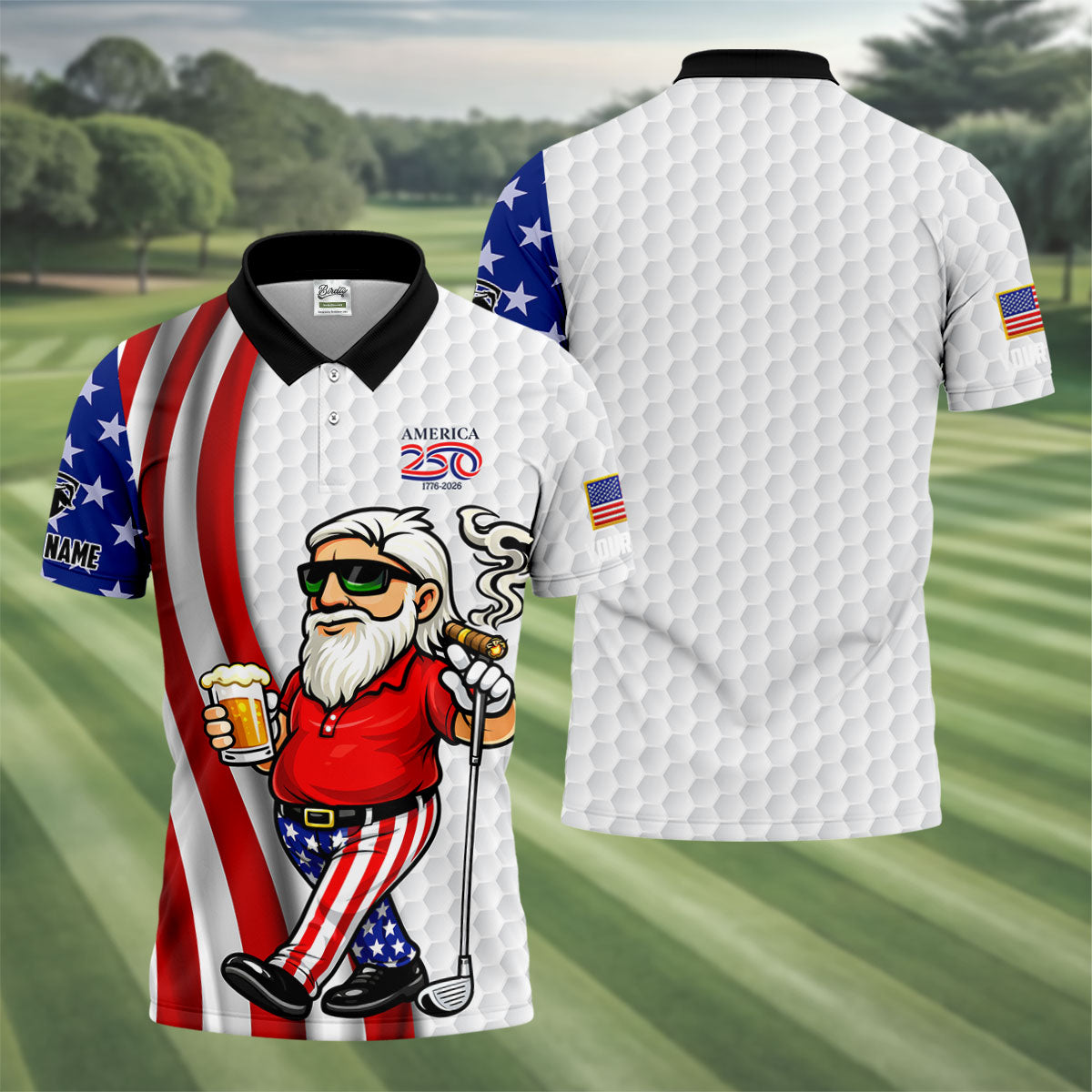 America 250 Patriotic Man 4th Of July White Golf Shirt, Golf And Beer Golf Shirts For Men