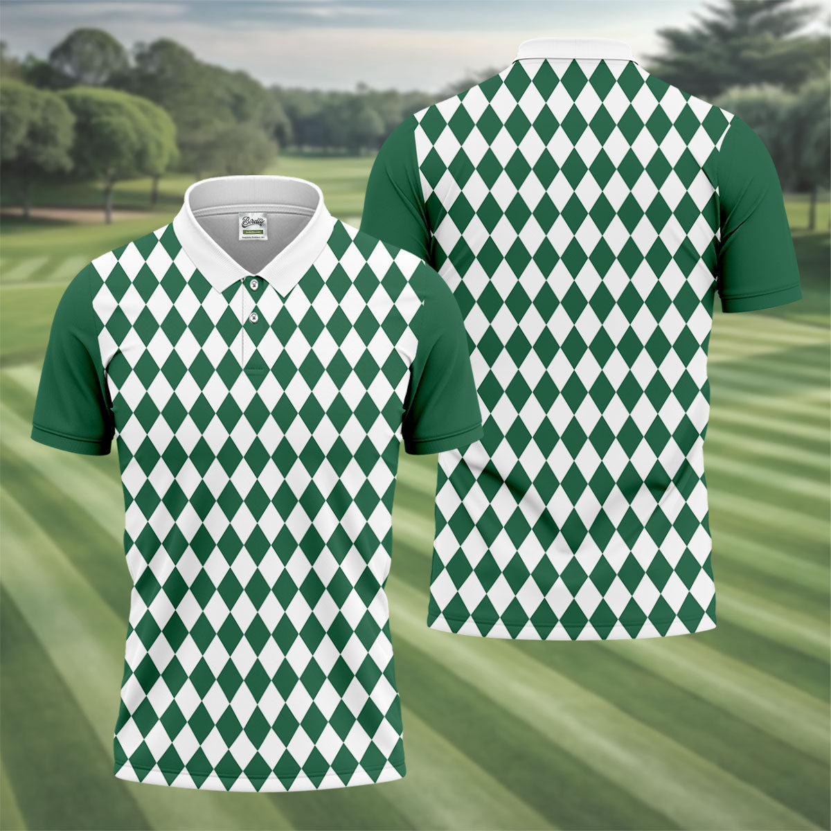 Green And White Argyle Pattern Retro Golf Shirt, Golf Tops For Men, Golf Shirts For Men, Polo For Men