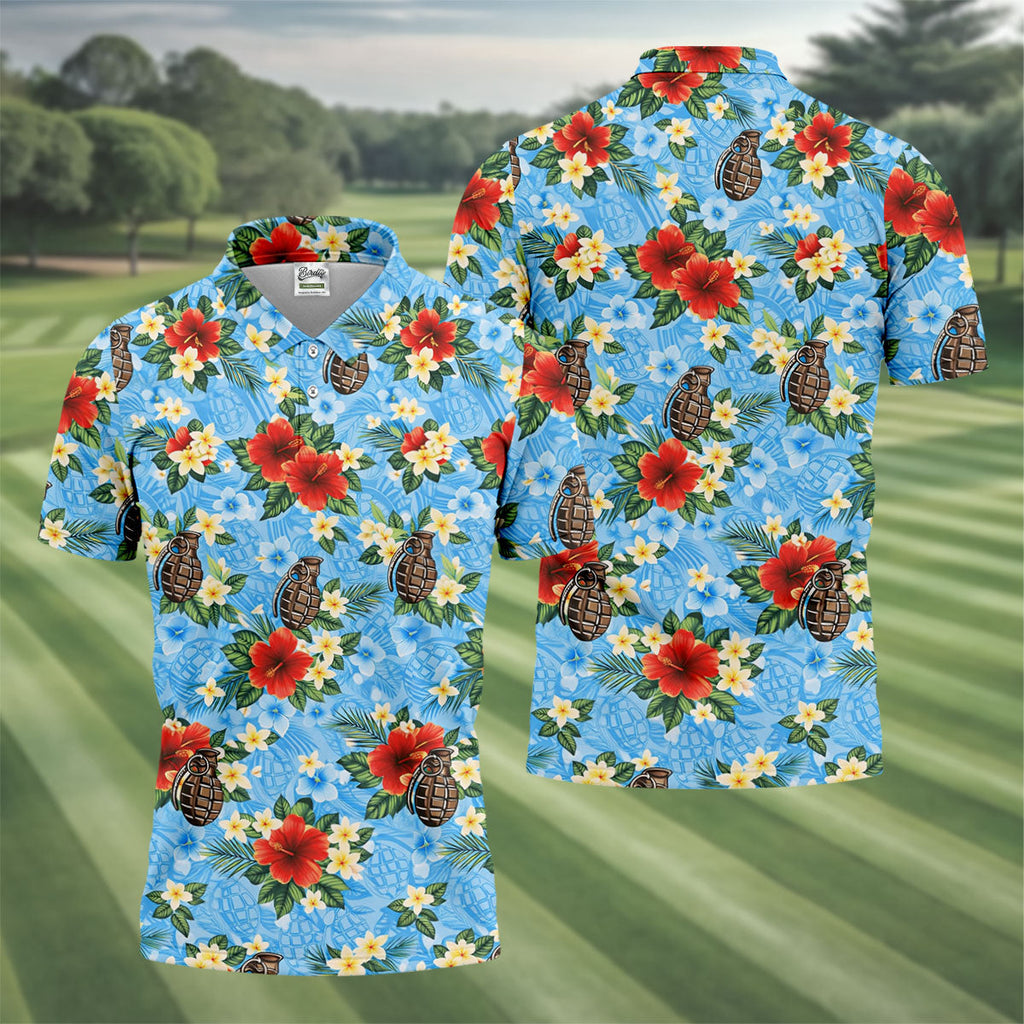 Floral Pattern Army Theme Hawaiian Blue Golf Shirt, Men's Golf Polo Shirts, Golf Shirts For Men
