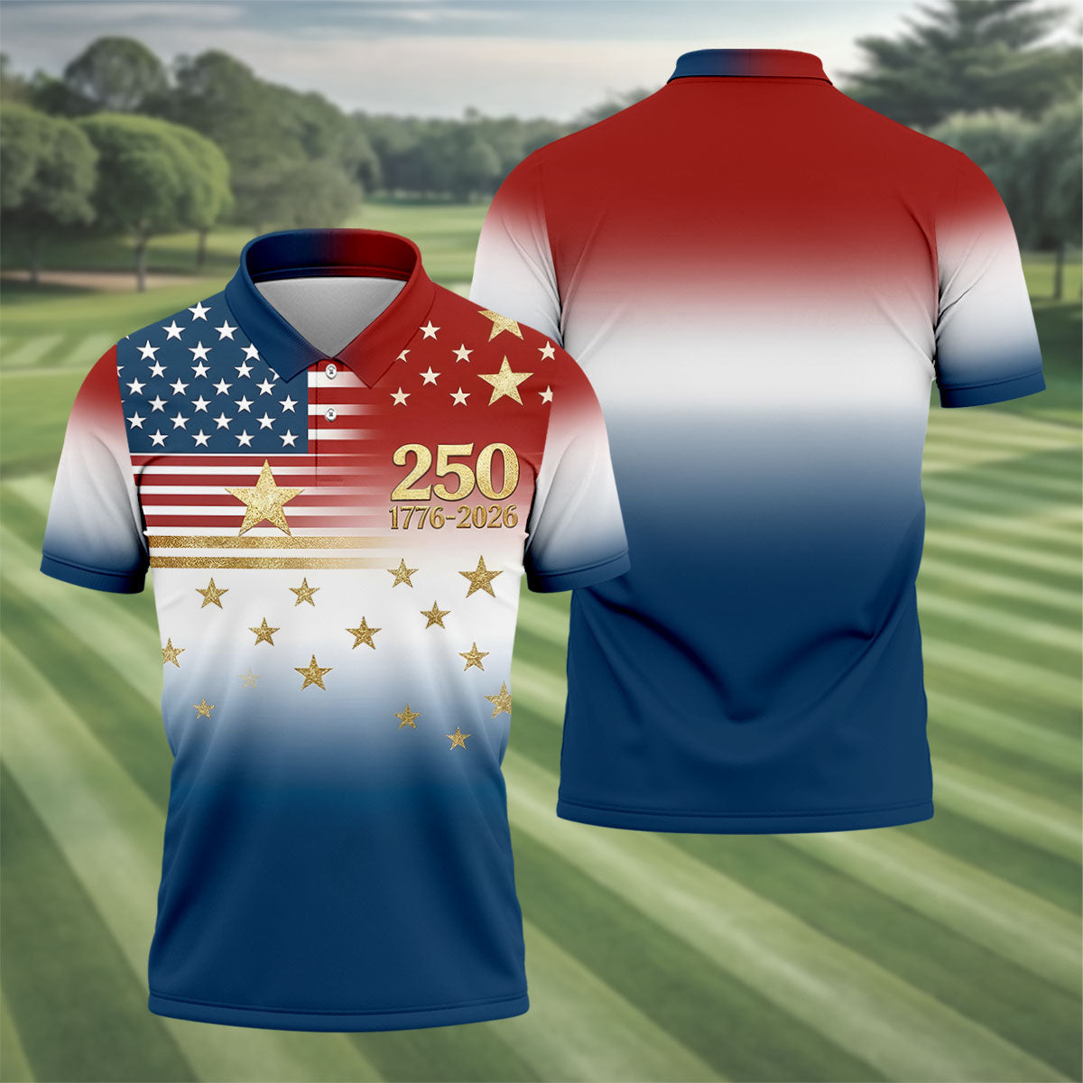 250 Years 1776-2026 Golden Star Golf Shirts For Men, Patriotic 4th Of July Polo ShirtFor Men