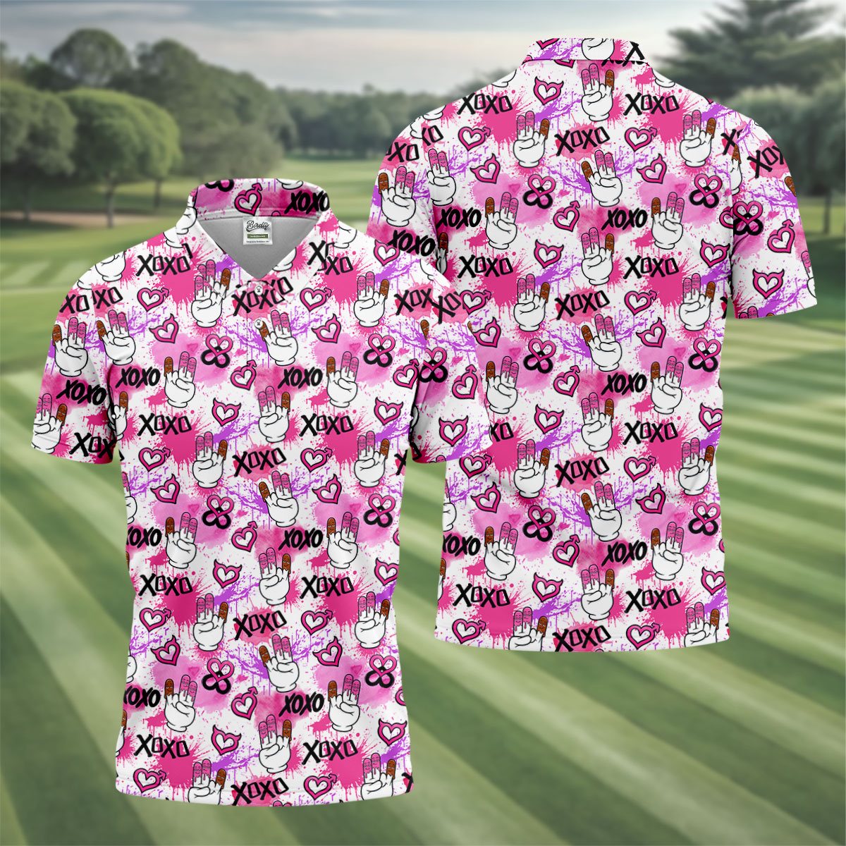 Chocolate Fingers Adult Humor XOXO Pink Splatter Fun Golf Shirts For Men, Valentines Golf Gift, Polo Shirts For Men