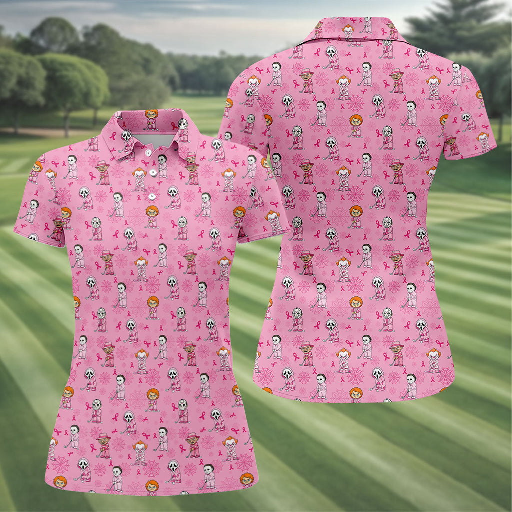 Pink Halloween Horror Breast Cancer Polo Shirt, Women's Golf Polo, Golf Tops For Women