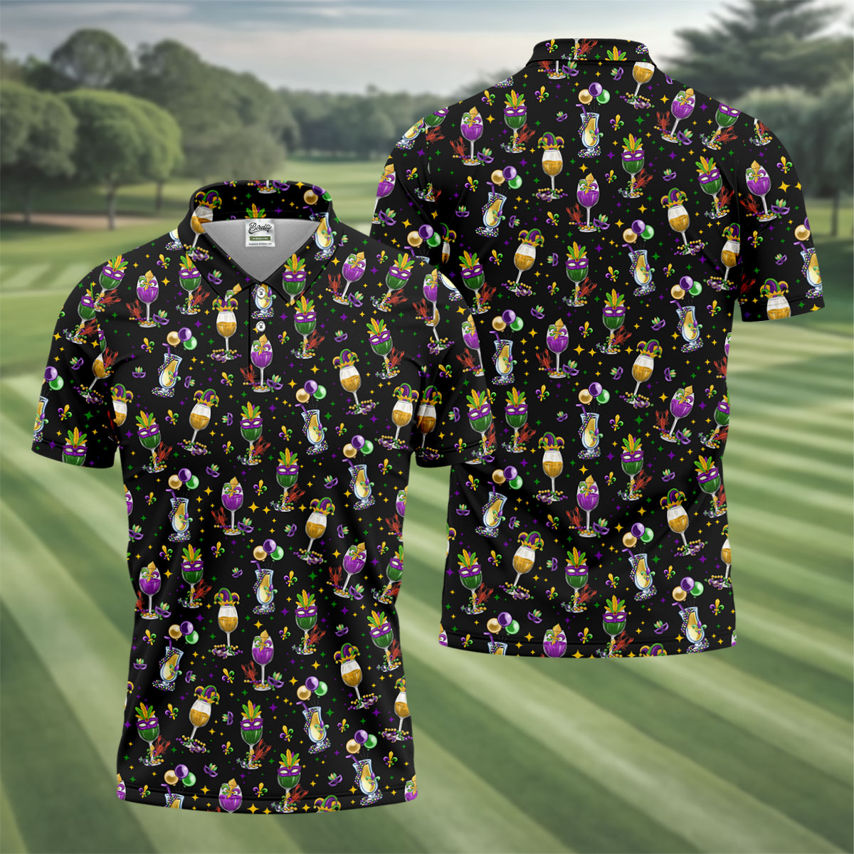 Mardi Gras Wine Glass Beaded Garland Fleur De Lis Black Golf Shirt, Polo Shirts For Men, Golf Shirts For Men