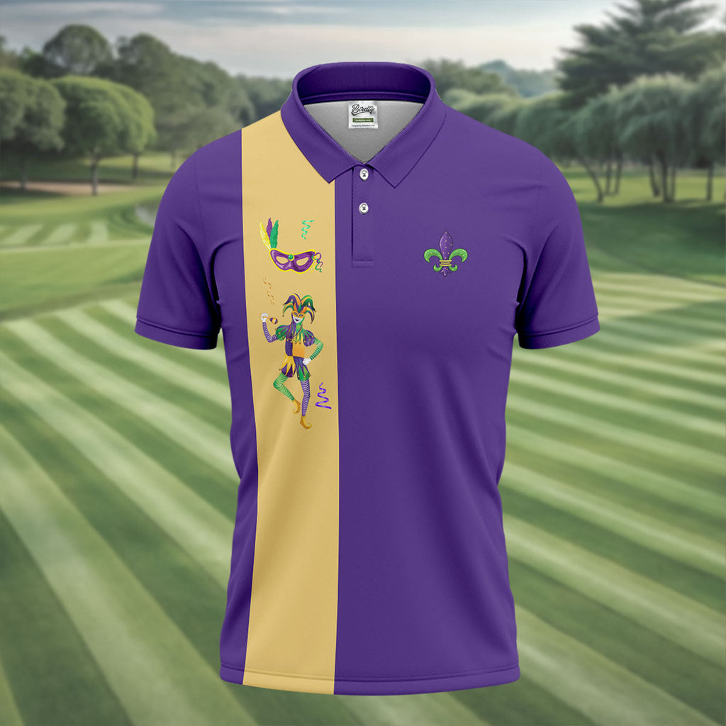 Mardi Gras Festival Jester Figure Fleur De Lis Symbol Purple Golf Shirt, Polo Shirts For Men, Golf Shirts For Men