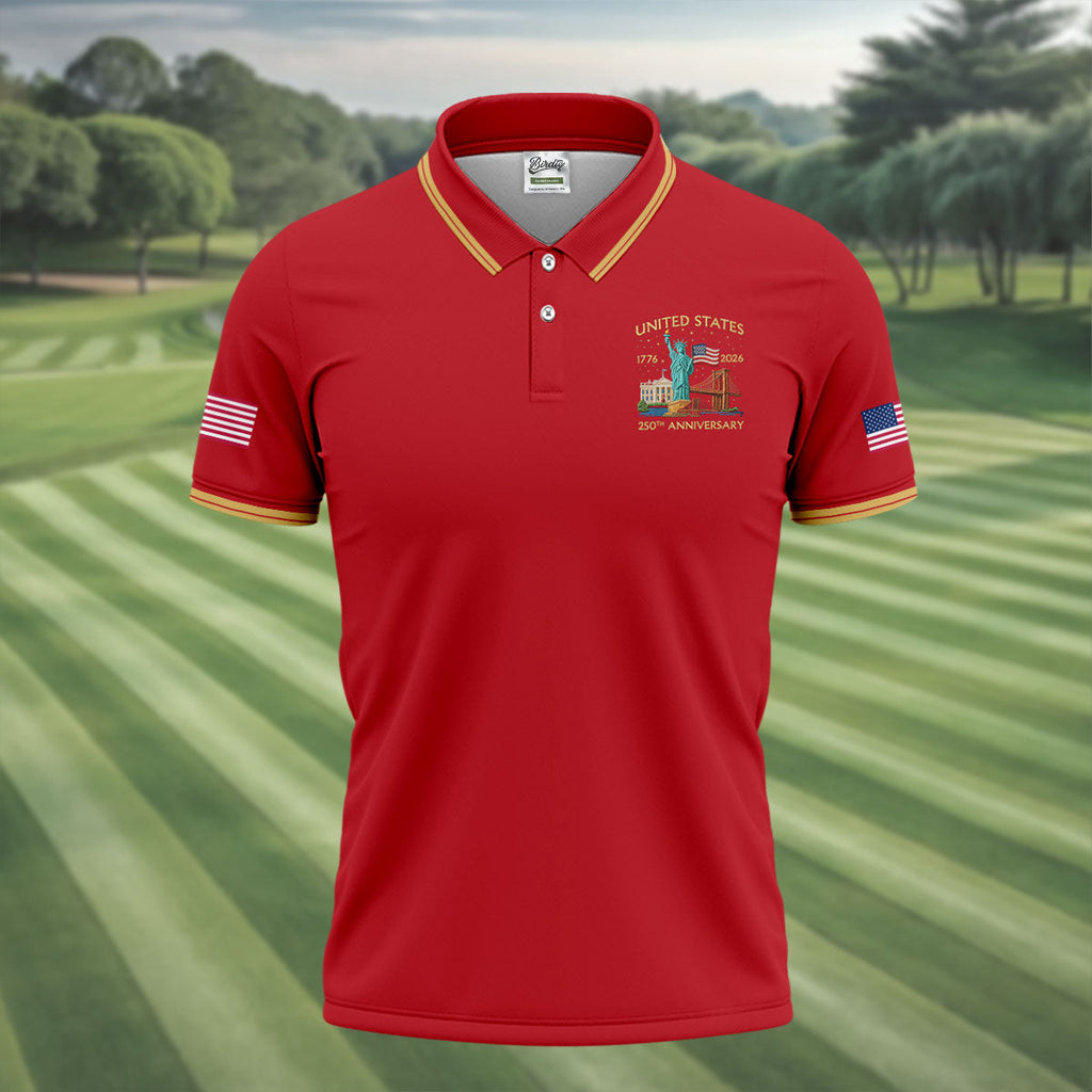 American Symbols Red Patriotic Golf Shirt, US 250 Years 4th Of July Golf Shirts For Men