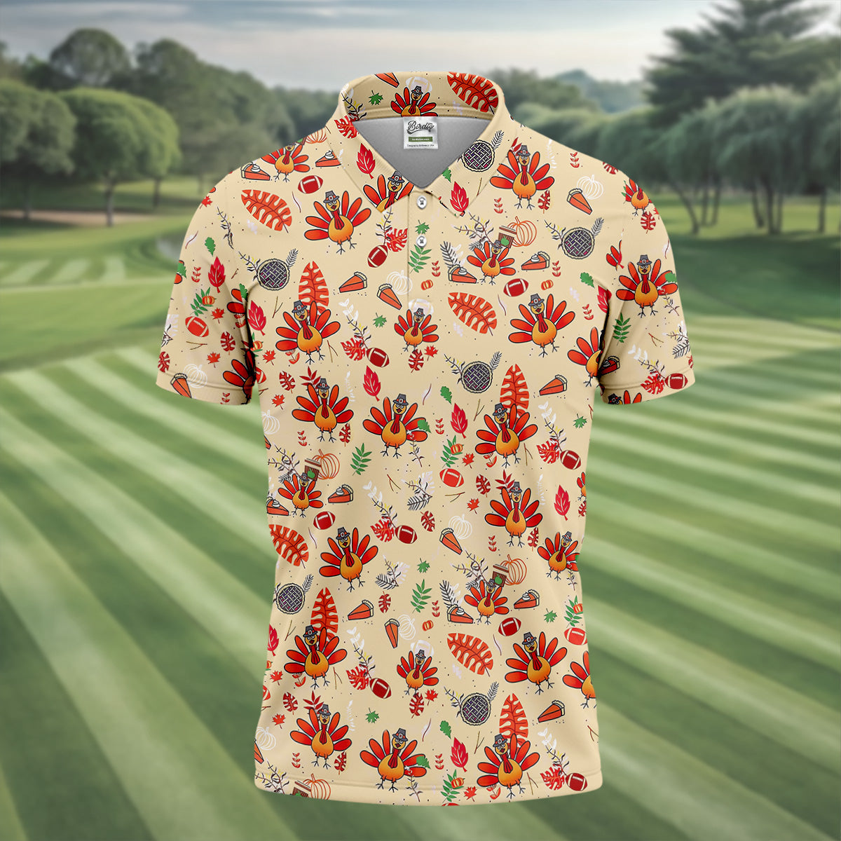 Funny Turkey Hawaiian Pattern Thanksgiving Golf Tops For Men, Fun Golf Shirts For Men, Polo Shirts For Men