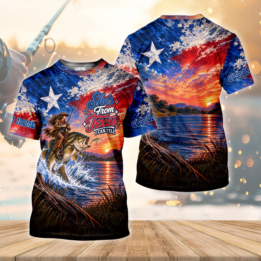 Shes From Texas I Can Tell Fishing UPF Shirt, Long Sleeve Fishing Shirt, Fishing Shirts For Men