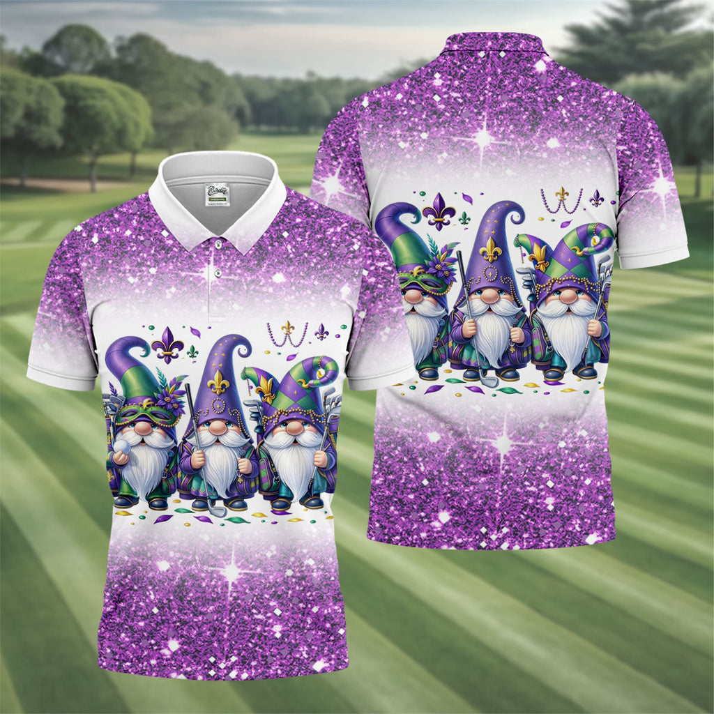 Mardi Gras Gnomes Fleur De Lis Glitter Effect Golf Tops For Men, Polo Shirts For Men, Golf Shirts For Men