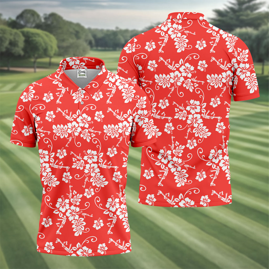 Tropical Flower Red Golf Shirt, Hawaiian Golf Shirt, Polo Shirts For Men, Golf Shirts For Men