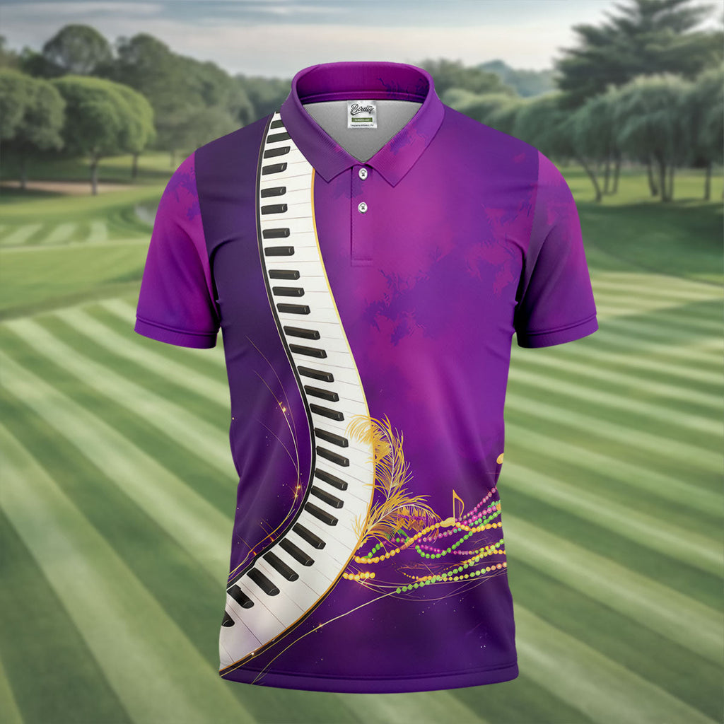 Mardi Gras Feather Beads Piano Keyboard Print Purple Golf Shirt, Polo Shirts For Men, Golf Shirts For Men