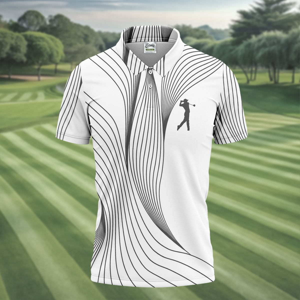 Geometric Line Wavy Line Black And White Golf Shirts For Men, Men's Golf Shirt, Polo Shirts For Men