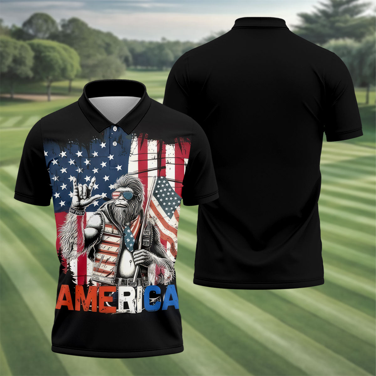 American Flag Bigfoot Patriot Black Hawaiian Golf Shirt, 250th Anniversary Tropical Vibe Men's Golf Shirt