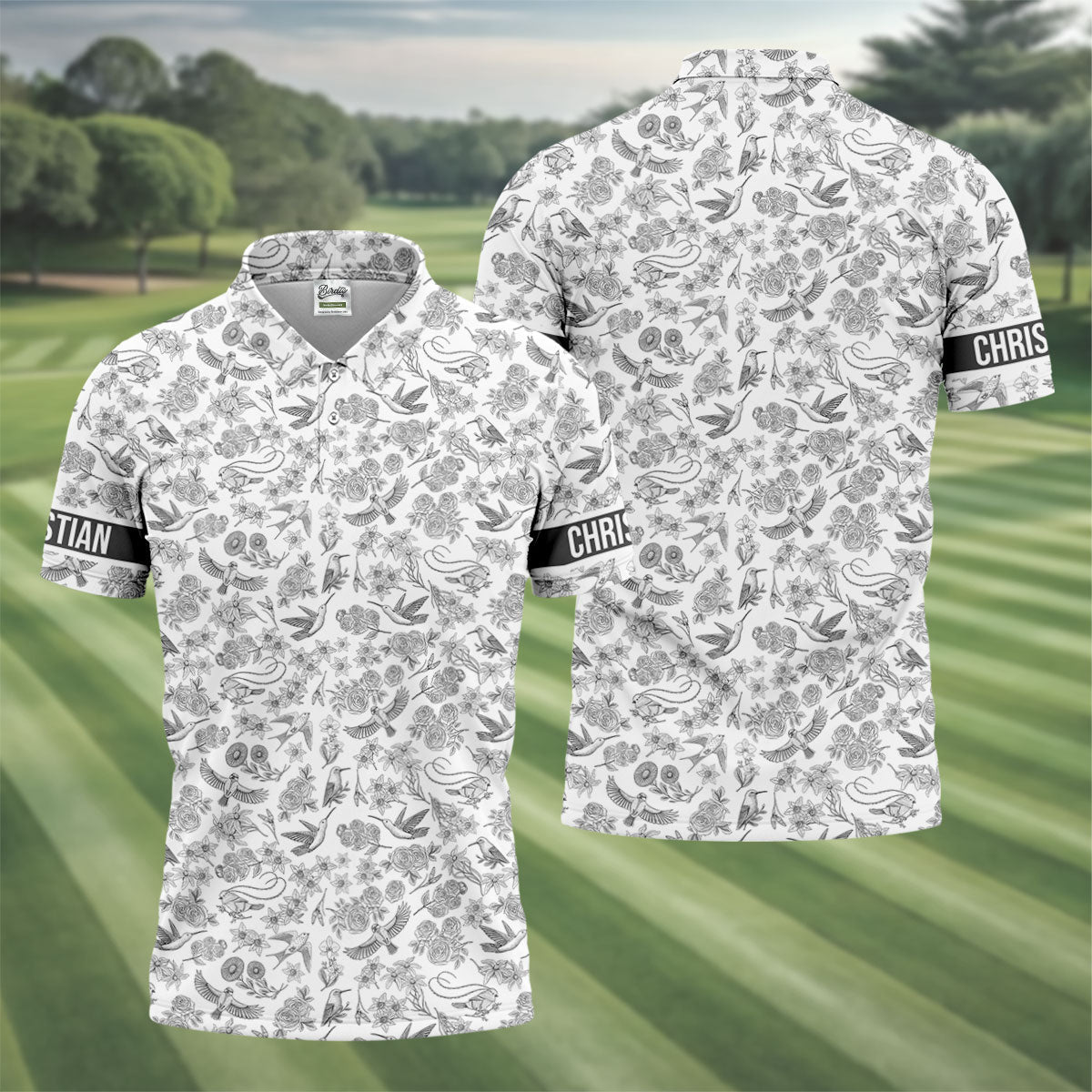 Custom Name Toile de Jouy Birds And Flowers Grey And White Polo Shirts For Men, Golf Gift For Men
