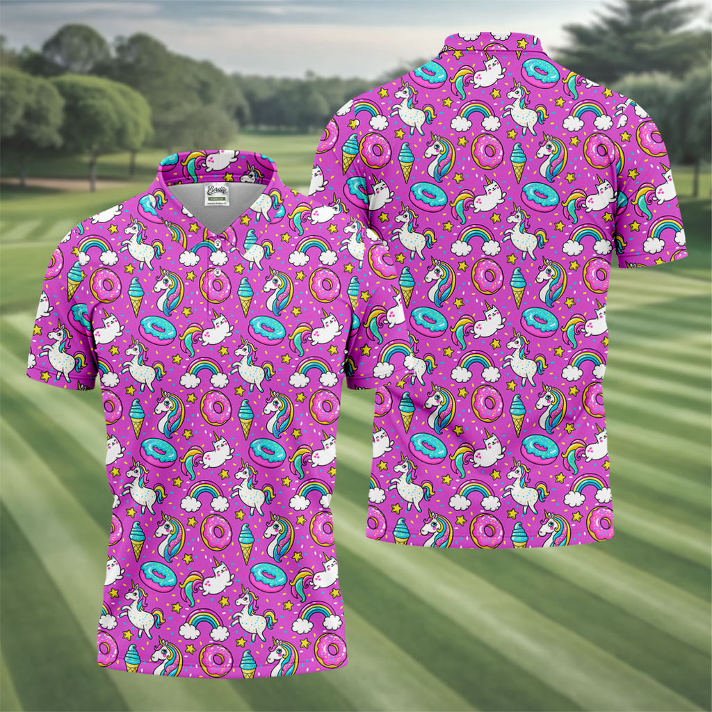 Funny Pink Donut Unicorn Mens Golf Shirts, Polo Shirts For Men, Cute Golf Outfit, Golfing Apparel