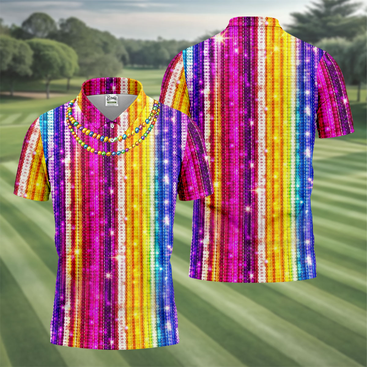Mardi Gras Sequinned Glitter Print Golf Tops For Men, Polo Shirts For Men, Golf Shirts For Men
