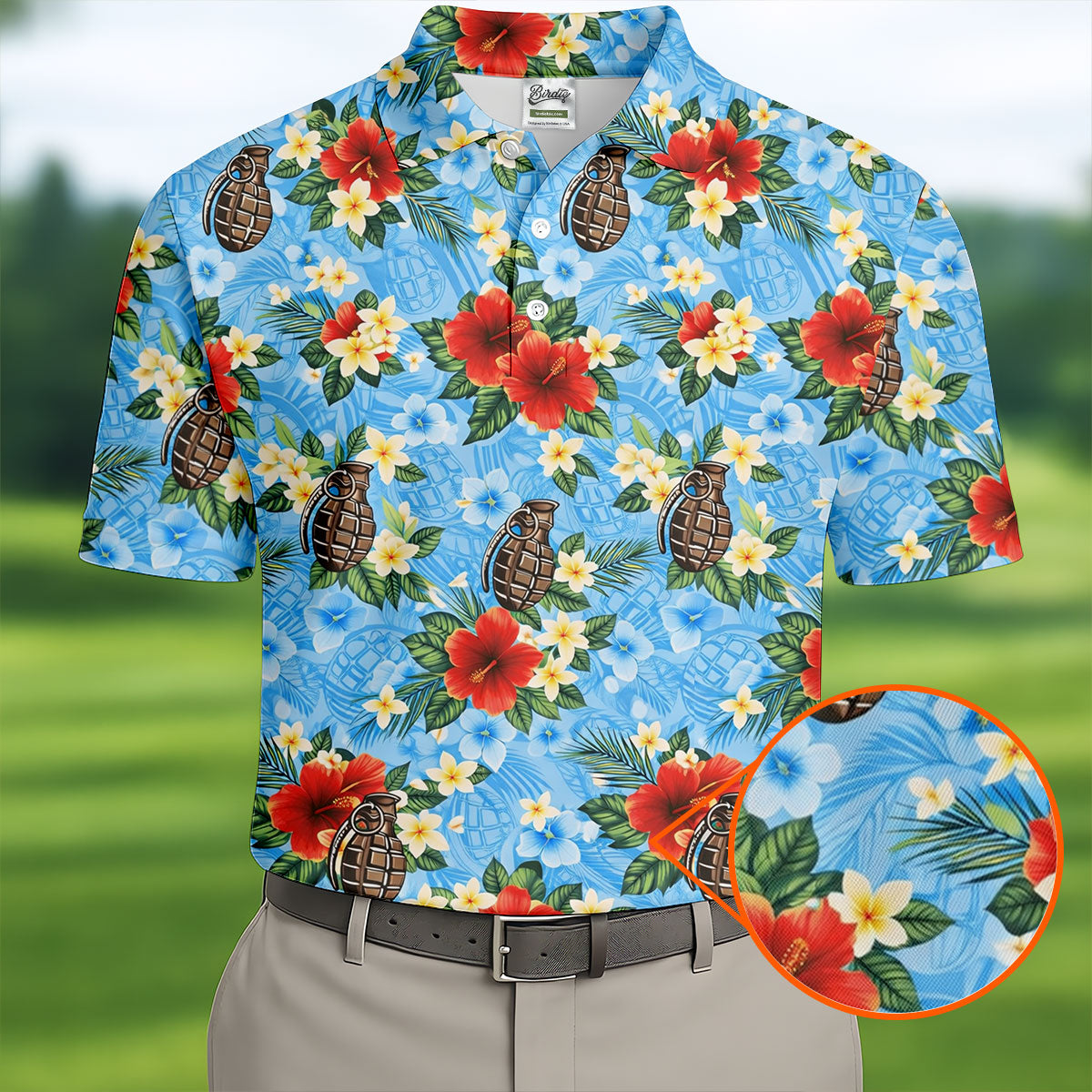 Floral Pattern Army Theme Hawaiian Blue Golf Shirt, Men's Golf Polo Shirts, Golf Shirts For Men
