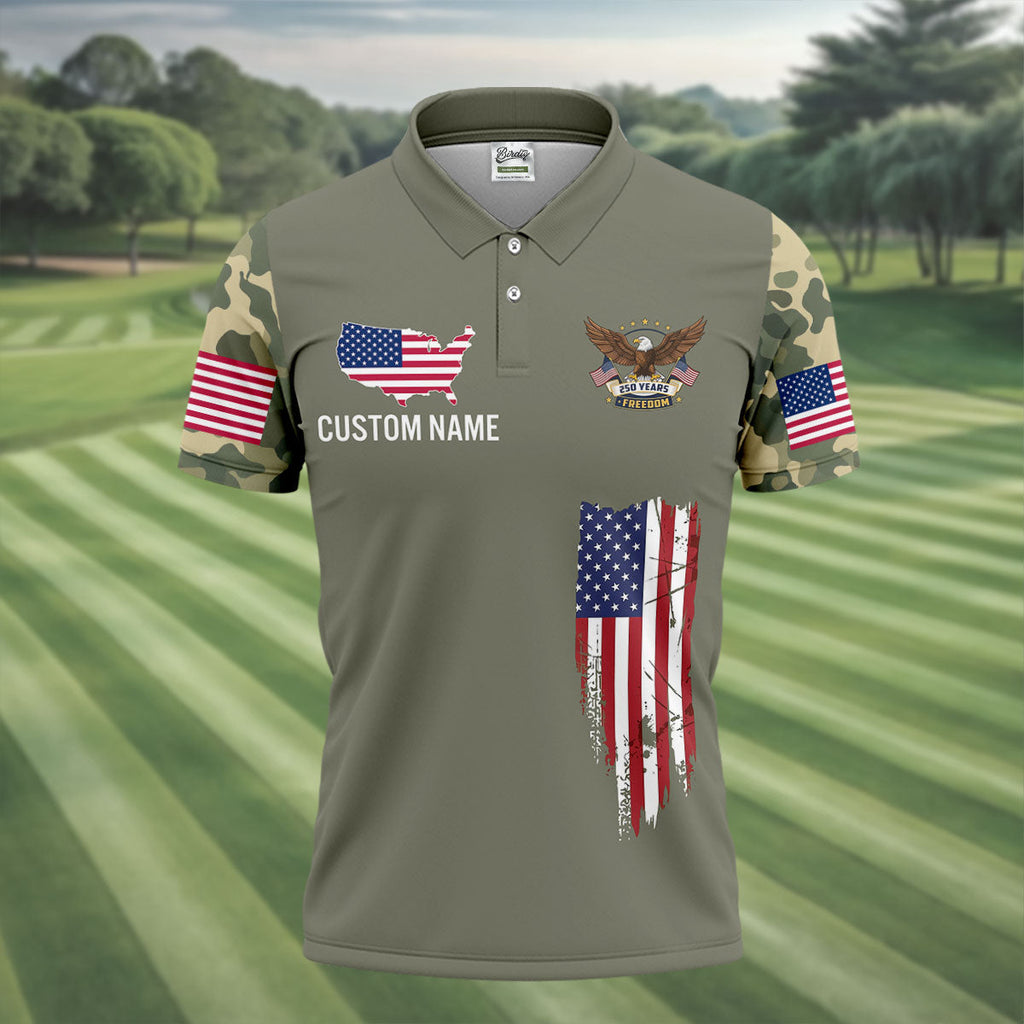 250 Years Freedom Eagle American Flag Camo Golf Shirt, Patriotic 4th Of July Golf Shirts For Men