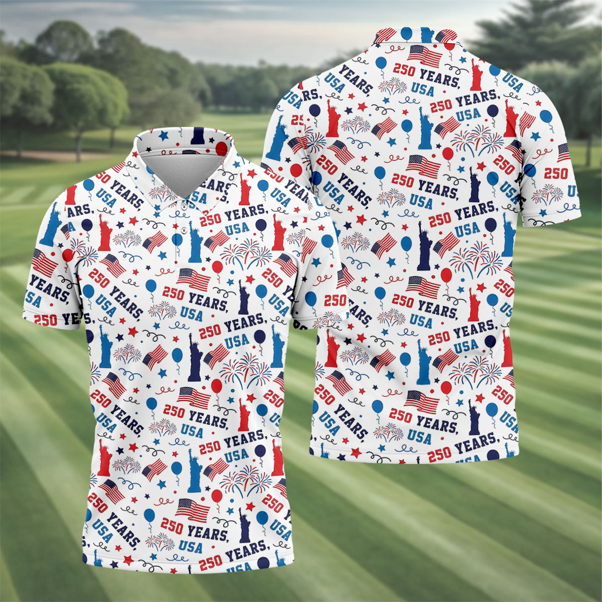 250 Years USA Red White Blue Seamless Pattern White Golf Shirt, Patriotic 4th Of July Golf Shirts For Men