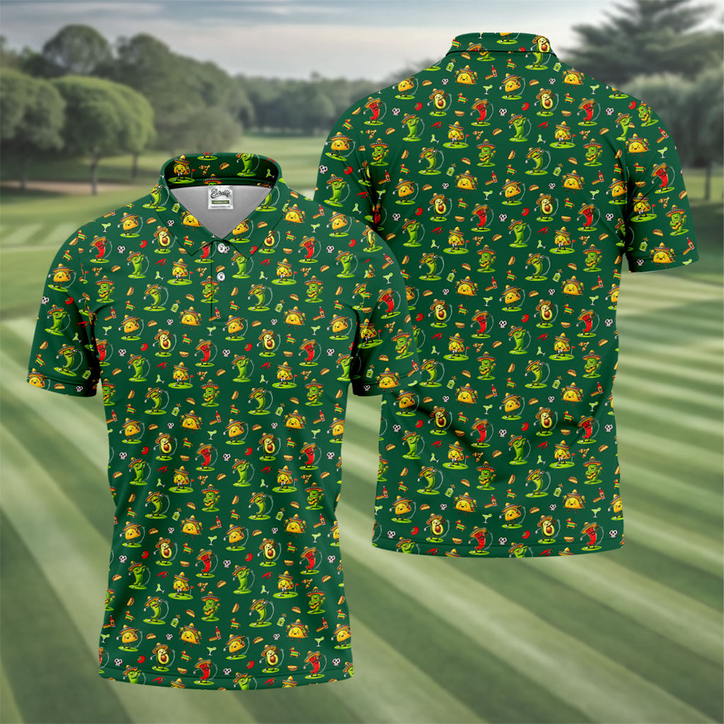 Mexican Cartoon Food Characters Cinco De Mayo Celebration Fiesta Themed Green Golf Shirts For Men