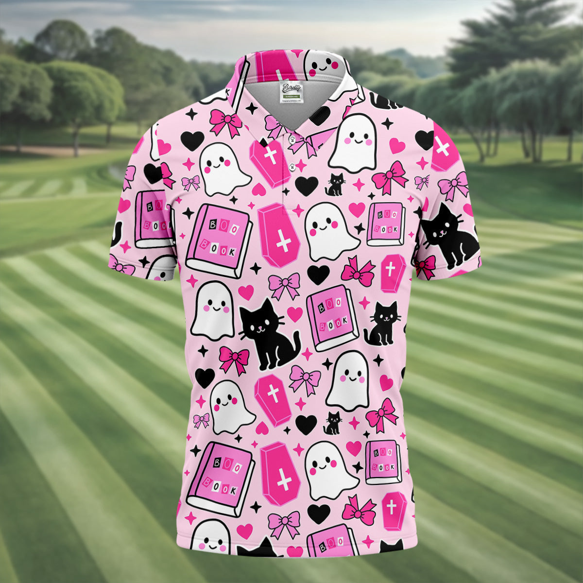 Halloween Boo And Cat Coquette Pink Golf Tops For Men, Fun Golf Shirts For Men, Polo ShirtFor Men