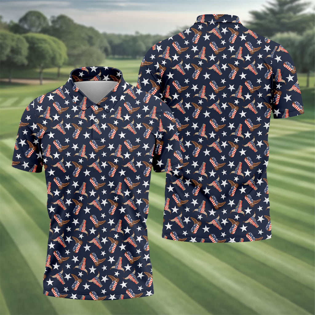 Patriotic Cowboy Boots Stars Pattern 4th Of July Golf Shirt, 250th Anniversary Golf Shirts For Men
