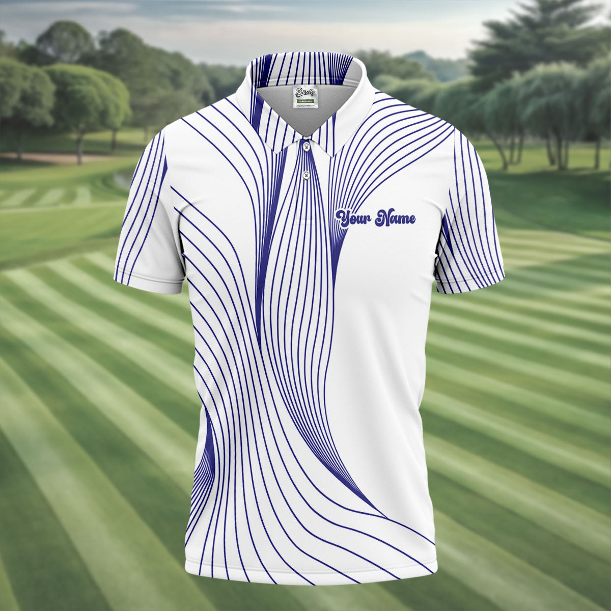 Geometric Line Wavy Line Purple And White Custom Name Golf Shirts For Men, Men's Golf Shirt, Polo Shirts For Men