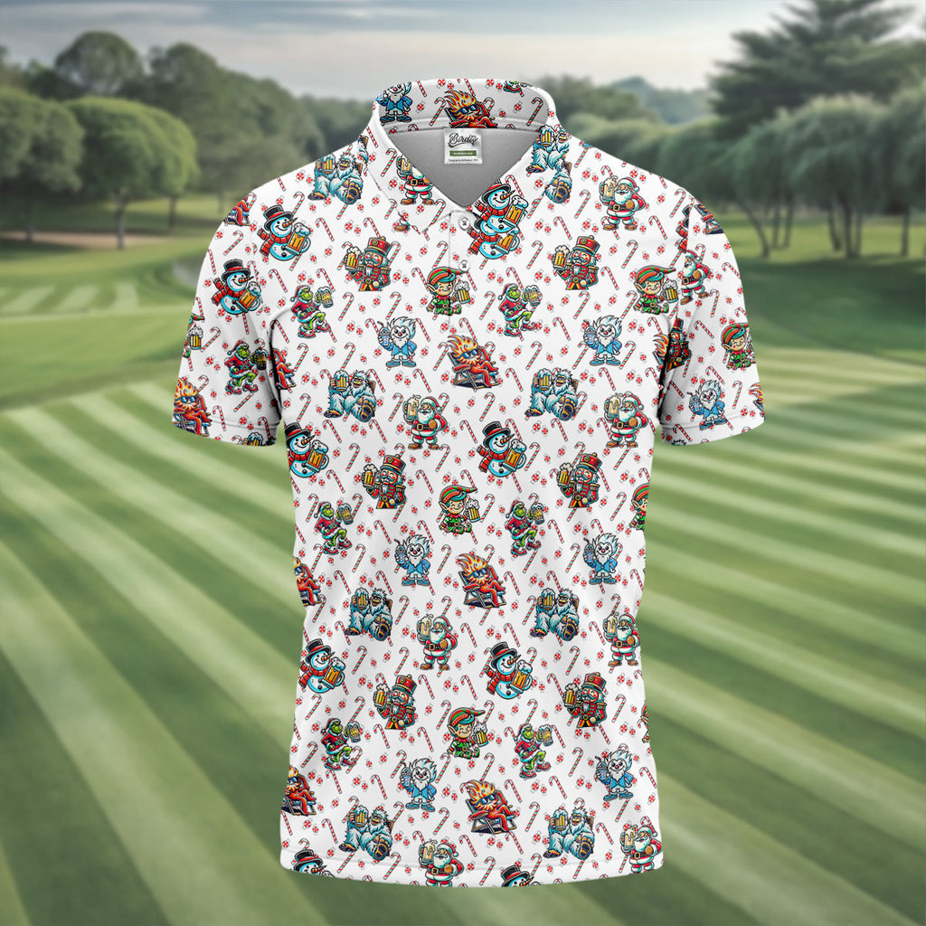 Christmas Character Beer Candy Cane Pattern Golf Tops For Men, Christmas Golf Shirt, Polo Shirts For Men