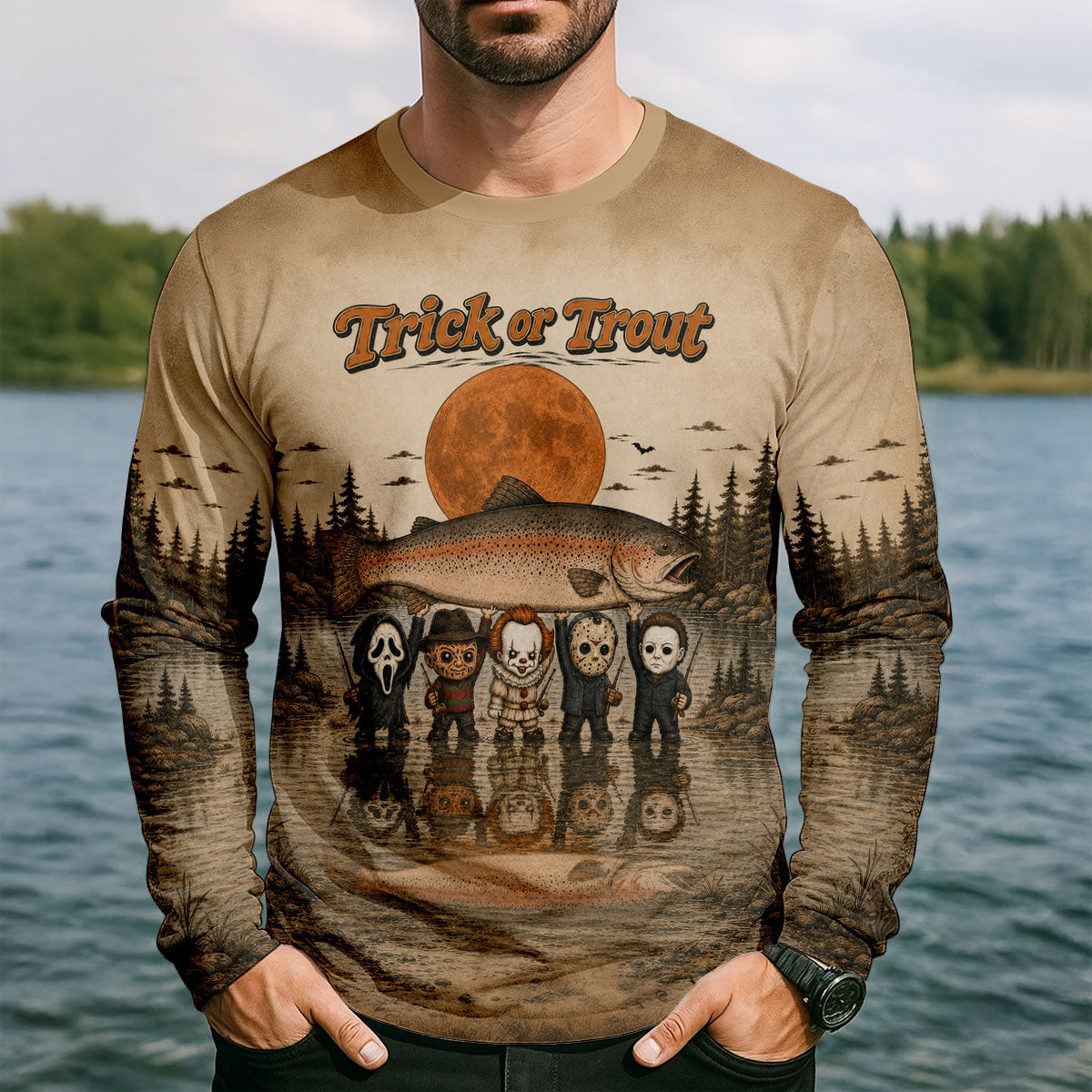 Trick Or Trout UPF Fishing Shirt, Fishing Shirts For Men, Halloween Fishing Shirt