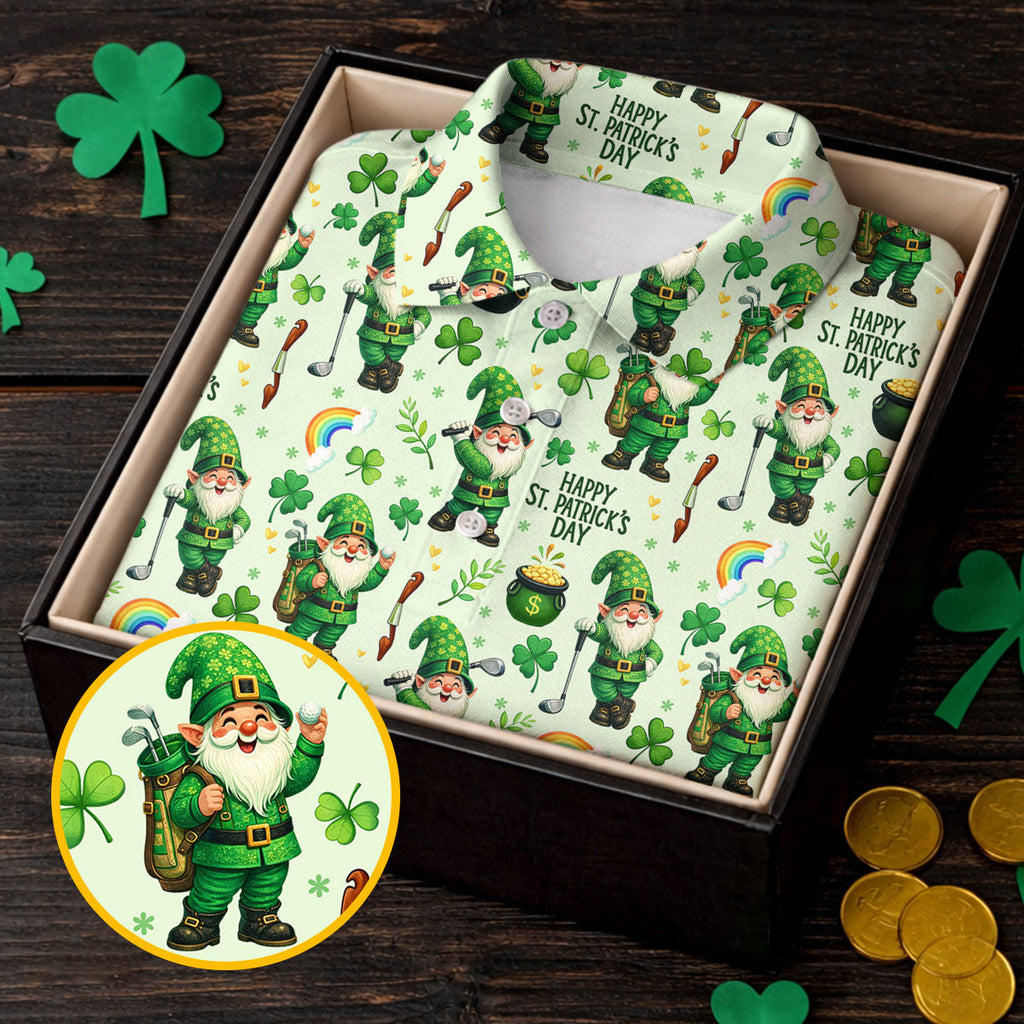 Happy St Patrick's Day Gnomes Shamrock Golf Shirt, Men's Funny Golf Shirts, Golf Shirts For Men