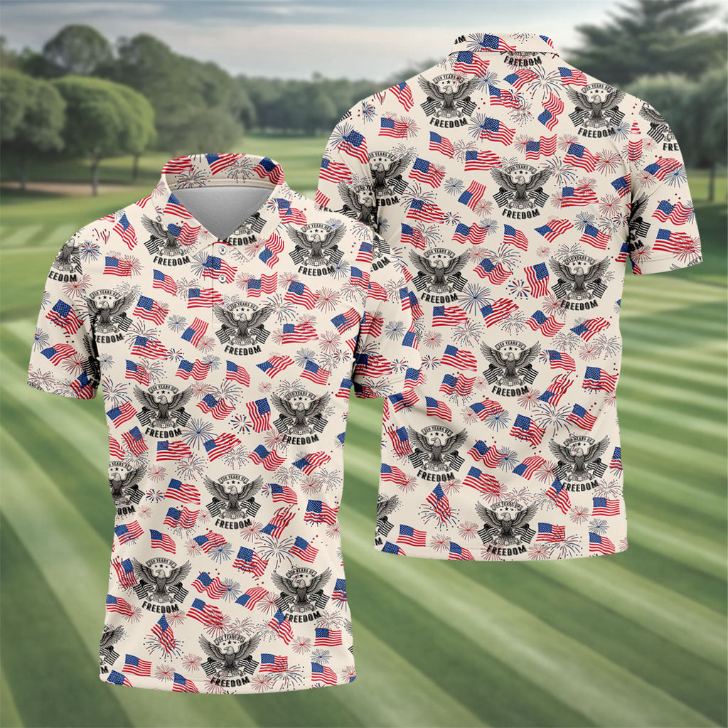 250 Years Of Freedom Festive Flag Vintage Beige Golf Shirt, Patriotic 4th Of July Golf Shirts For Men