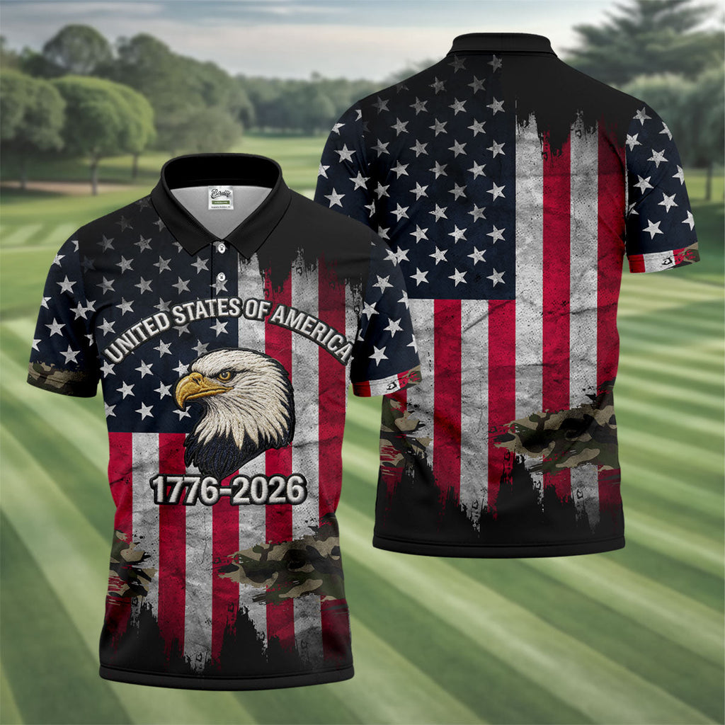 USA Bald Eagle 250 Years Camo American Flag Golf Shirt, Patriotic 4th Of July Golf Shirts For Men