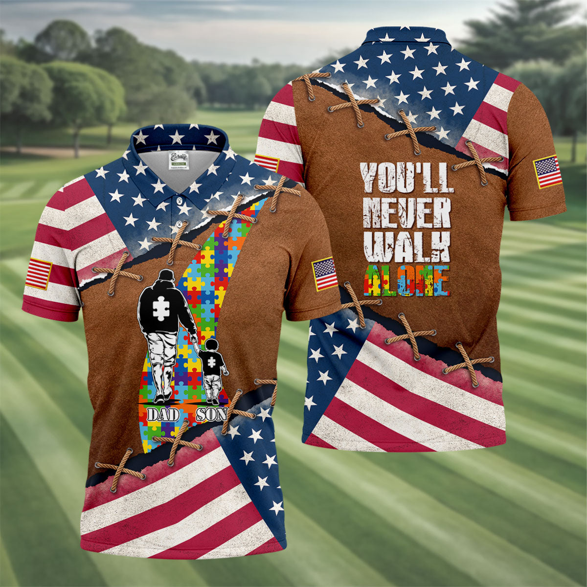 You'll Never Walk Alone Autism Awareness Patriotic Golf Shirt, Golf Shirts For Men, Golf Gift For Dad