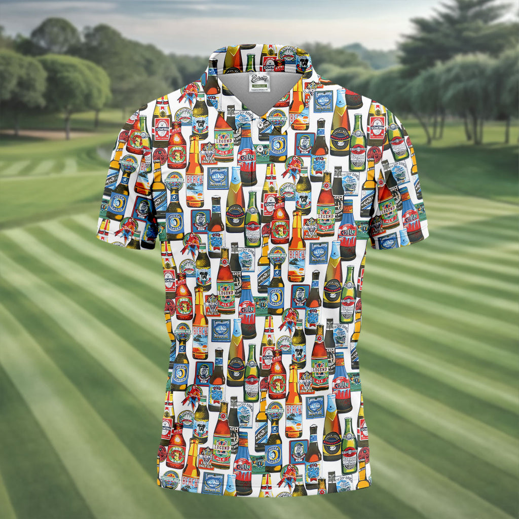 Beer Bottle Labels White Golf Shirt, Men's Funny Golf Shirts, Golf Tops For Men, Golf Shirts For Men