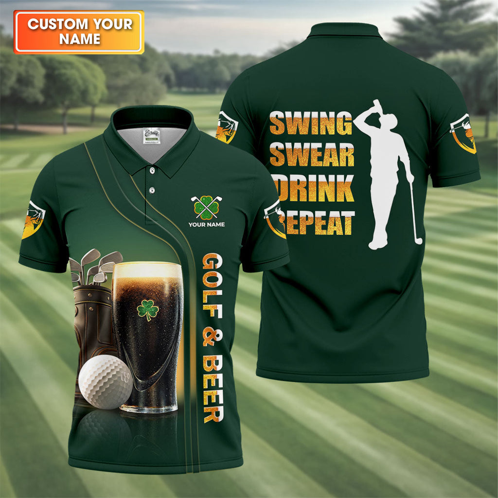 Swing Swear Drink Repeat Golf And Beer St Patrick's Day Green Golf Tops For Men, Golf Shirts For Men