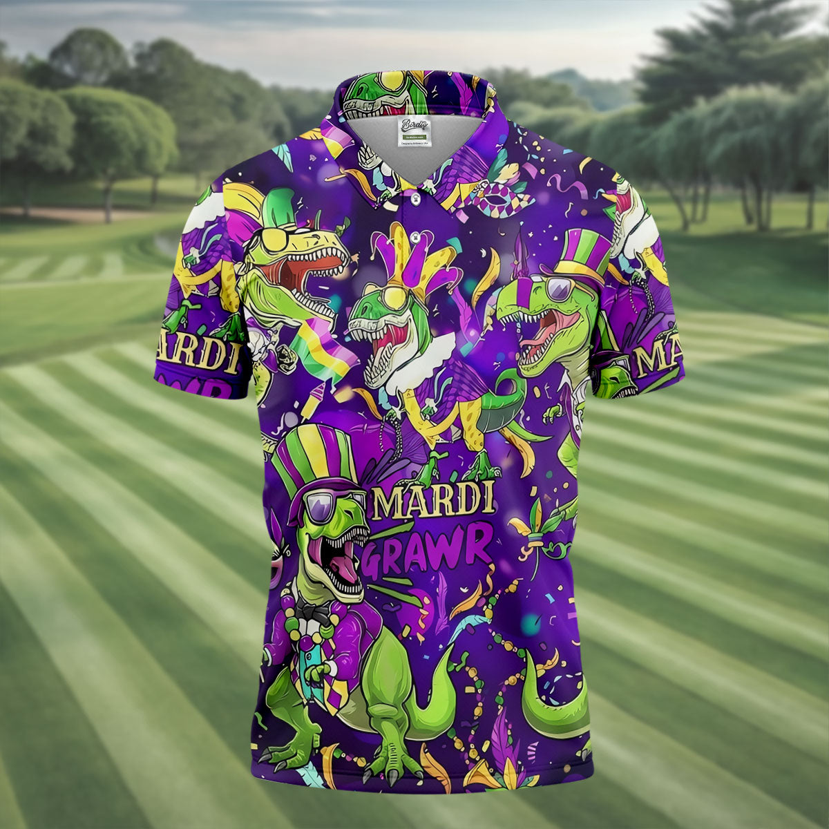 Mardi Grawr Purple Green Gold Funny Dinosaur Mardi Gras Golf Shirt, Golf Shirts For Men, Polo Shirts For Men