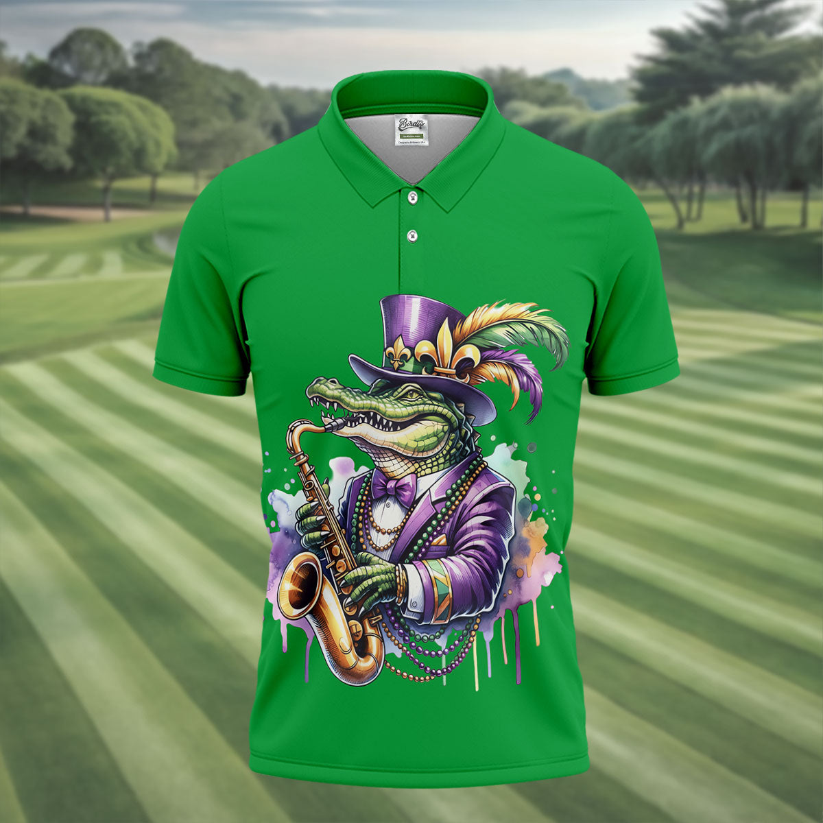 Mardi Gras Alligator Playing Saxophone Green Golf Shirt, Golf Shirts For Men, Polo Shirts For Men