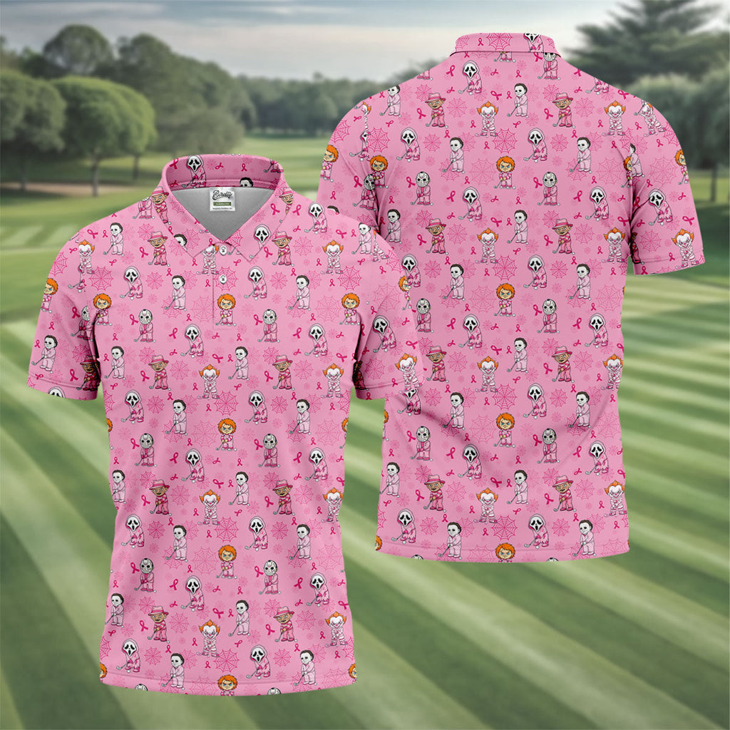 Pink Halloween Horror Breast Cancer Polo Shirt, Golf Shirts For Men, Mens Golf Shirts