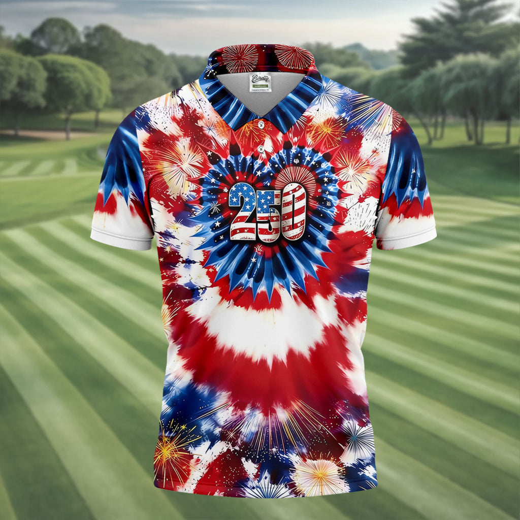 250 Years Red White Blue Tie Dye Print Patriotic Golf Shirt, 4th Of July Golf Shirts For Men