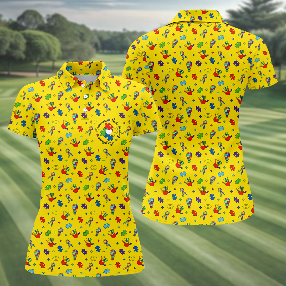 Awareness Understanding Acceptance Autism Ribbon Yellow Golf Shirt, Autism Awareness Colors Women's Golf Tops