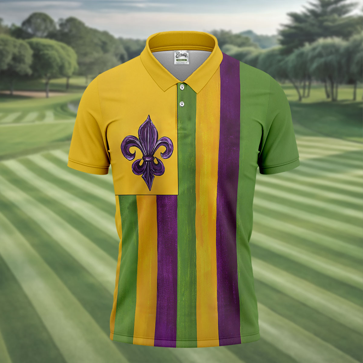 Purple Green Gold Vertical Stripes Fleur De Lis Flower Mardi Gras Golf Shirt, Polo Shirts For Men, Golf Shirts For Men