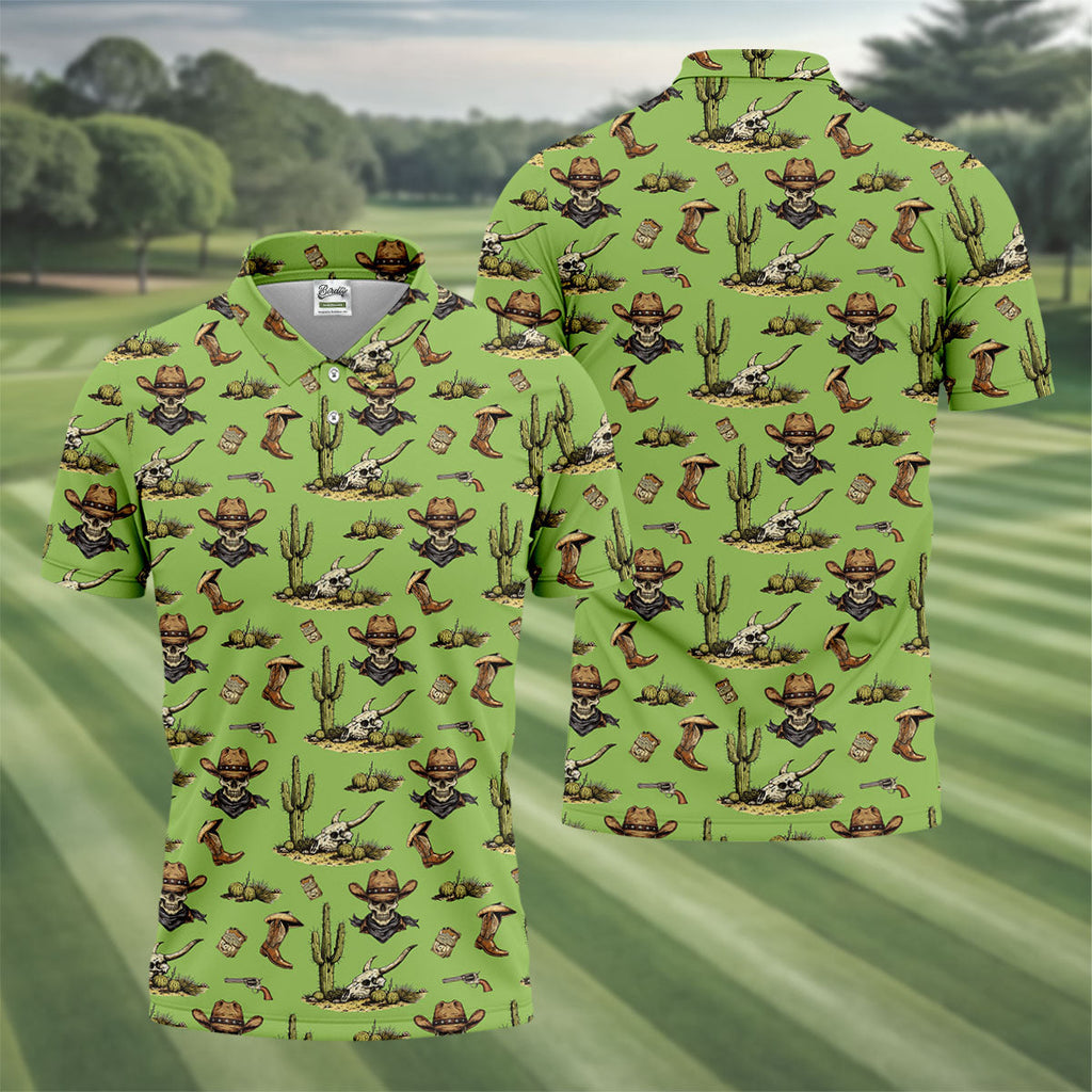 Cowboy Skeleton Longhorn Cow Skull Western Theme Sage Green Golf Tops For Men, Golf Shirts For Men
