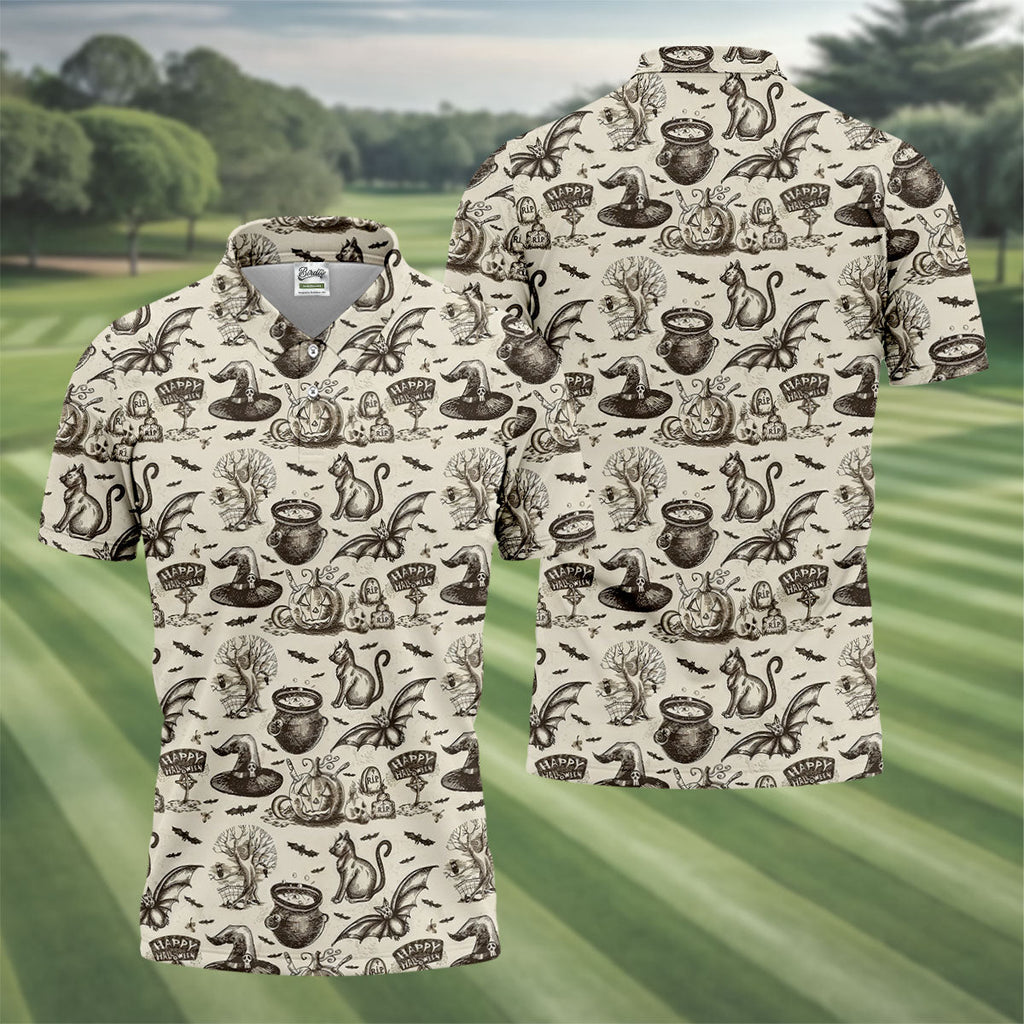 Halloween Witch Cat Pattern Men's Funny Golf Shirts, Unique Gift For Golfer, Polo For Men