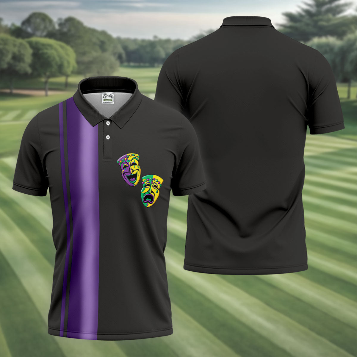 Melpomene And Thalia Theatrical Masks Purple Stripe Mardi Gras Golf Shirt, Polo Shirts For Men, Golf Shirts For Men