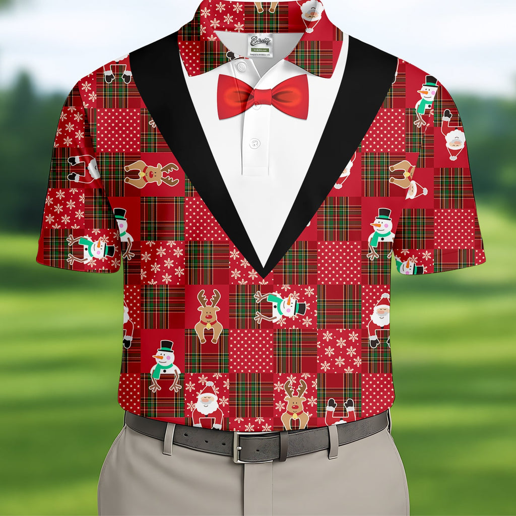 Red Plaid Funny Holiday Vintage Print Men's Golf Polo Shirts, Christmas Golf Shirt, Golf Gift For Men